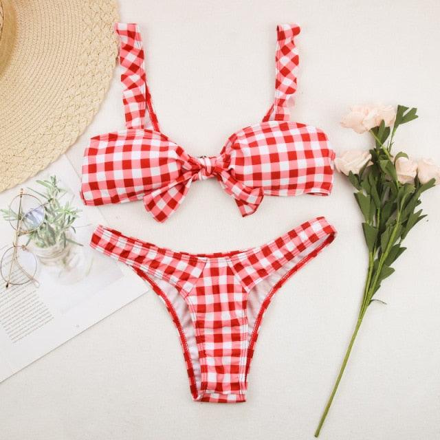 "Turtle Leaf – Print High-Waist Bandeau Bikini Set"