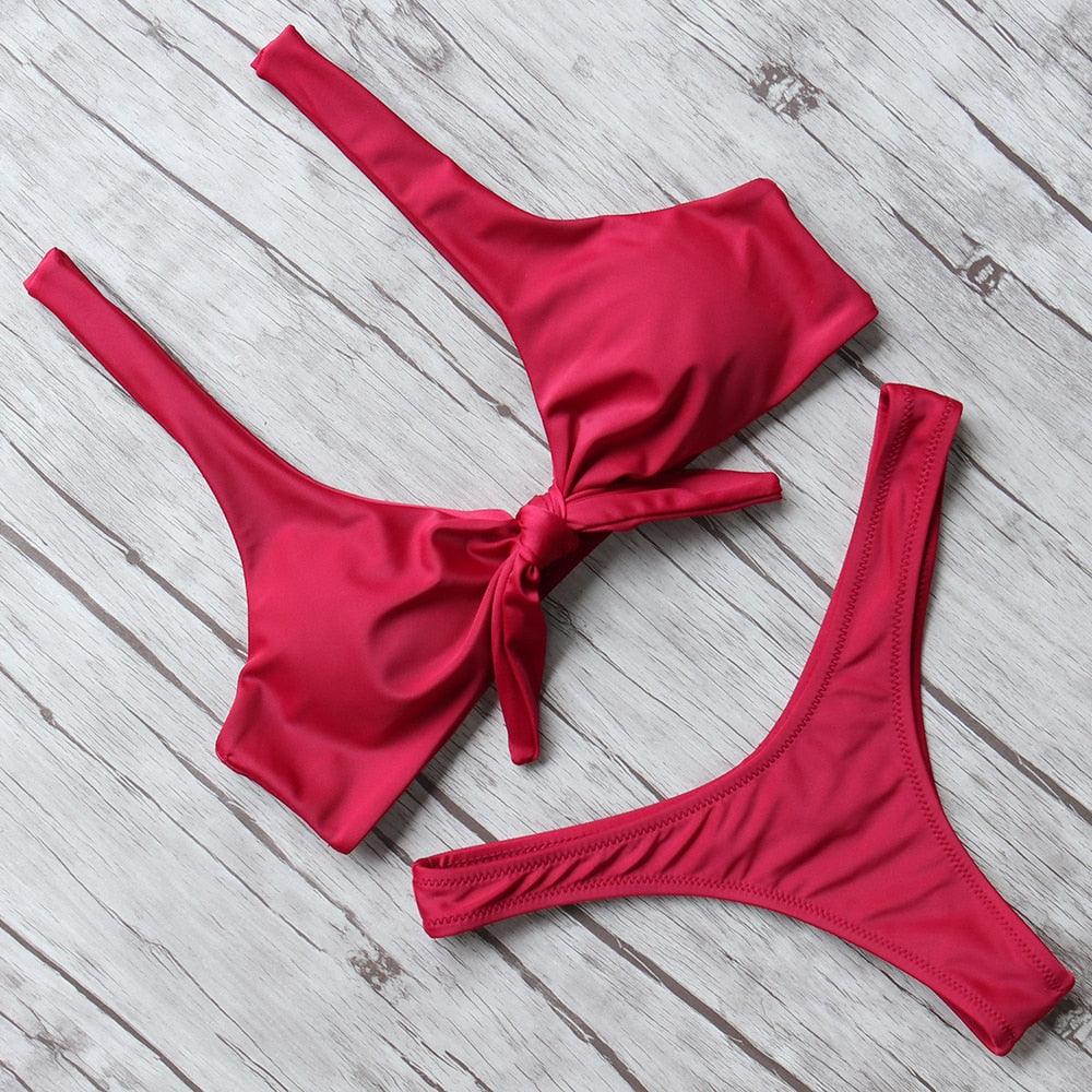 "Turtle Leaf – Print High-Waist Bandeau Bikini Set"