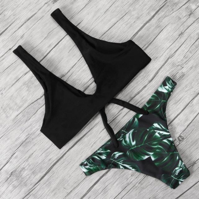 "Turtle Leaf – Print High-Waist Bandeau Bikini Set"