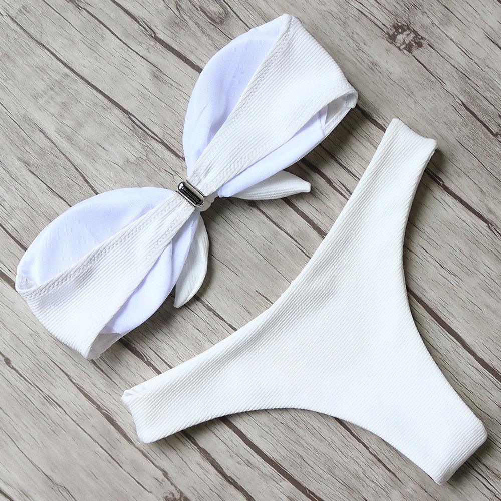 "Turtle Leaf – Print High-Waist Bandeau Bikini Set"