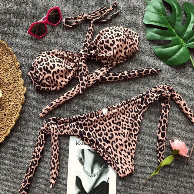 "Turtle Leaf – Print High-Waist Bandeau Bikini Set"