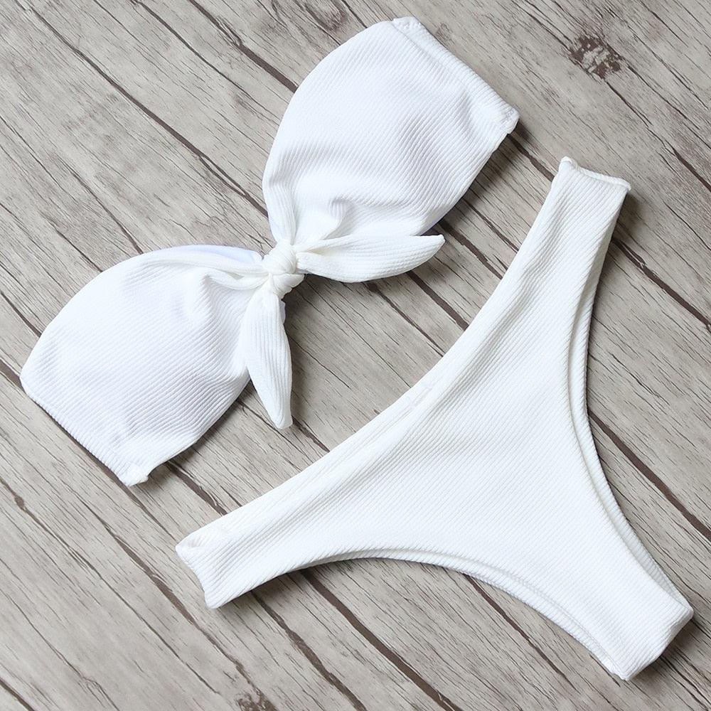 "Turtle Leaf – Print High-Waist Bandeau Bikini Set"