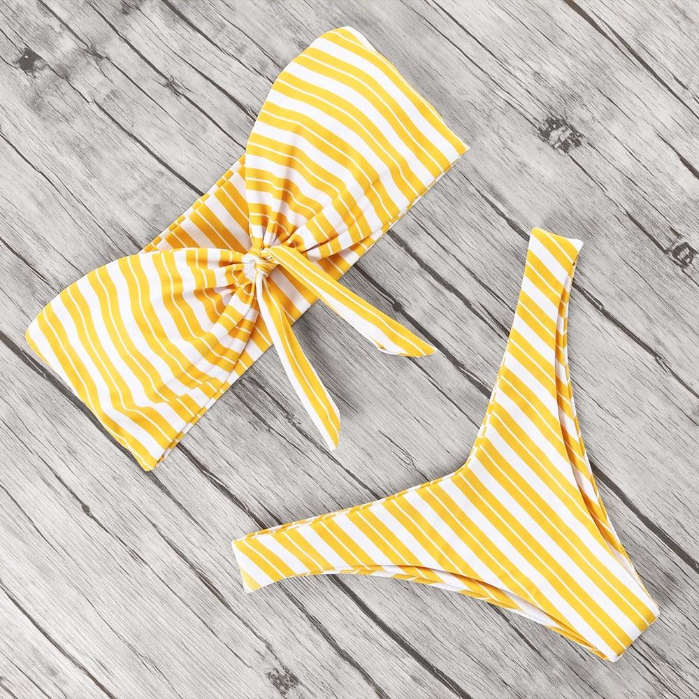 "Turtle Leaf – Print High-Waist Bandeau Bikini Set"