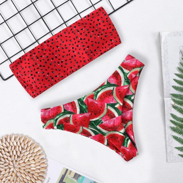 "Turtle Leaf – Print High-Waist Bandeau Bikini Set"