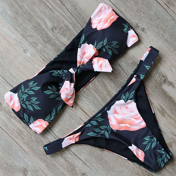 "Turtle Leaf – Print High-Waist Bandeau Bikini Set"