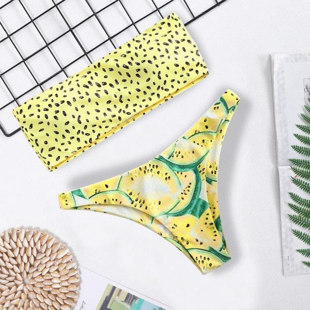 "Turtle Leaf – Print High-Waist Bandeau Bikini Set"