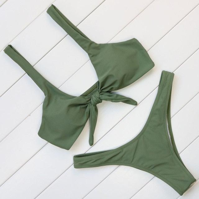 "Turtle Leaf – Print High-Waist Bandeau Bikini Set"