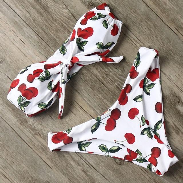 "Turtle Leaf – Print High-Waist Bandeau Bikini Set"