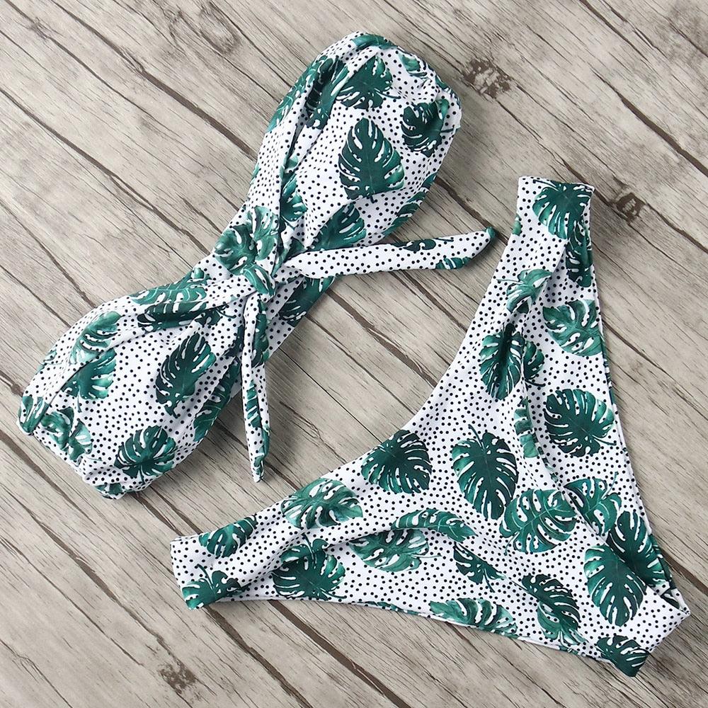 "Turtle Leaf – Print High-Waist Bandeau Bikini Set"