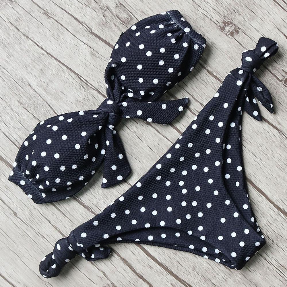 "Turtle Leaf – Print High-Waist Bandeau Bikini Set"