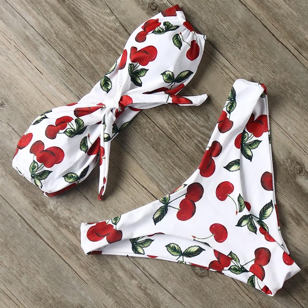 "Turtle Leaf – Print High-Waist Bandeau Bikini Set"