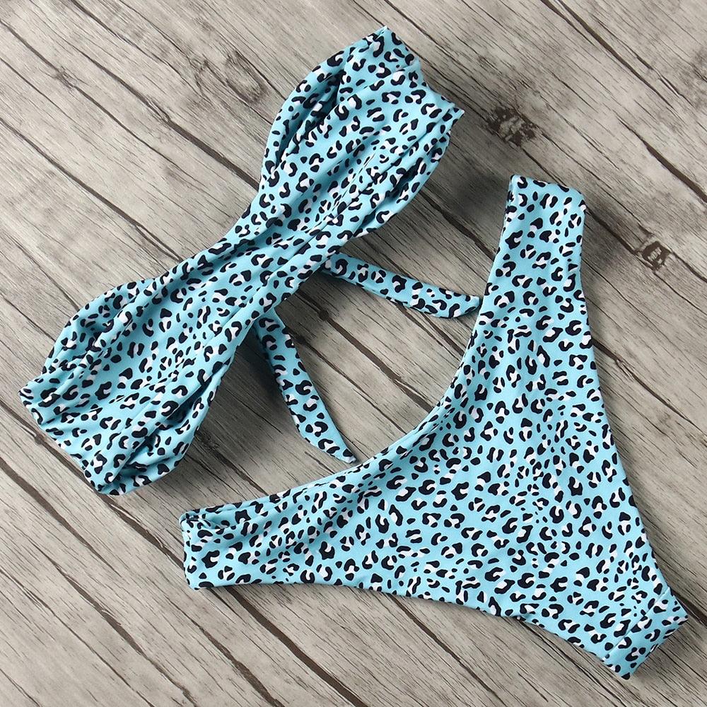 "Turtle Leaf – Print High-Waist Bandeau Bikini Set"