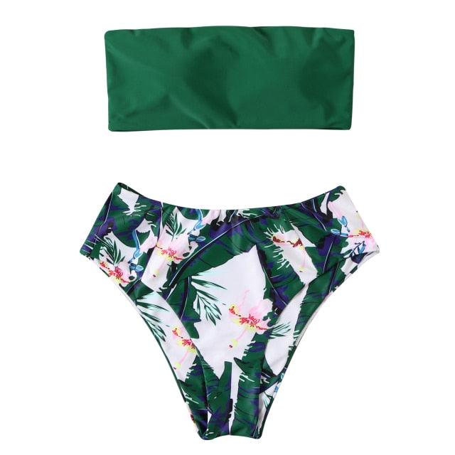 "Turtle Leaf – Print High-Waist Bandeau Bikini Set"