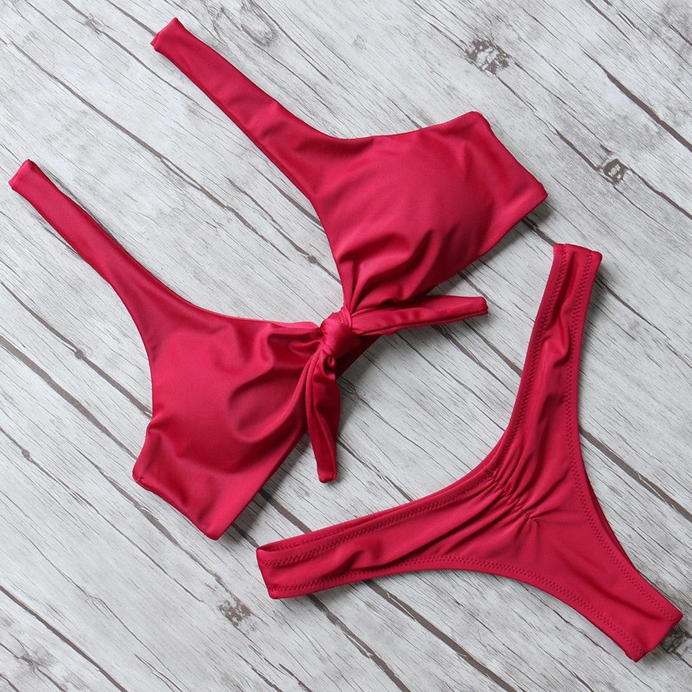"Turtle Leaf – Print High-Waist Bandeau Bikini Set"