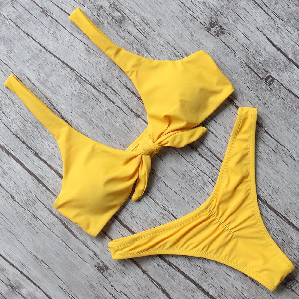 "Turtle Leaf – Print High-Waist Bandeau Bikini Set"