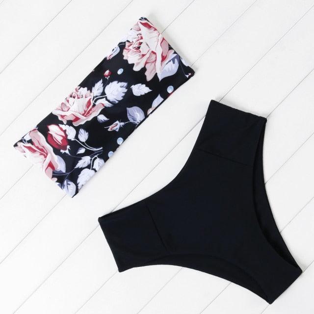 "Turtle Leaf – Print High-Waist Bandeau Bikini Set"