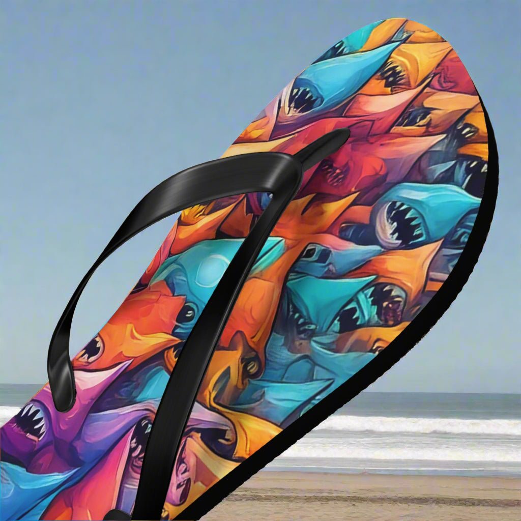 Shark Land 🦈. Surreal Shark Pattern Flip Flops
