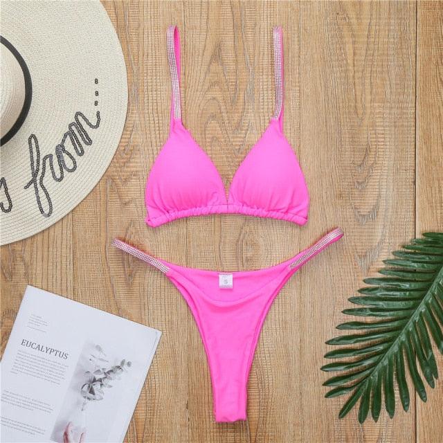 "Diamond Shore – Rhinestone Strap Triangle Bikini Set"