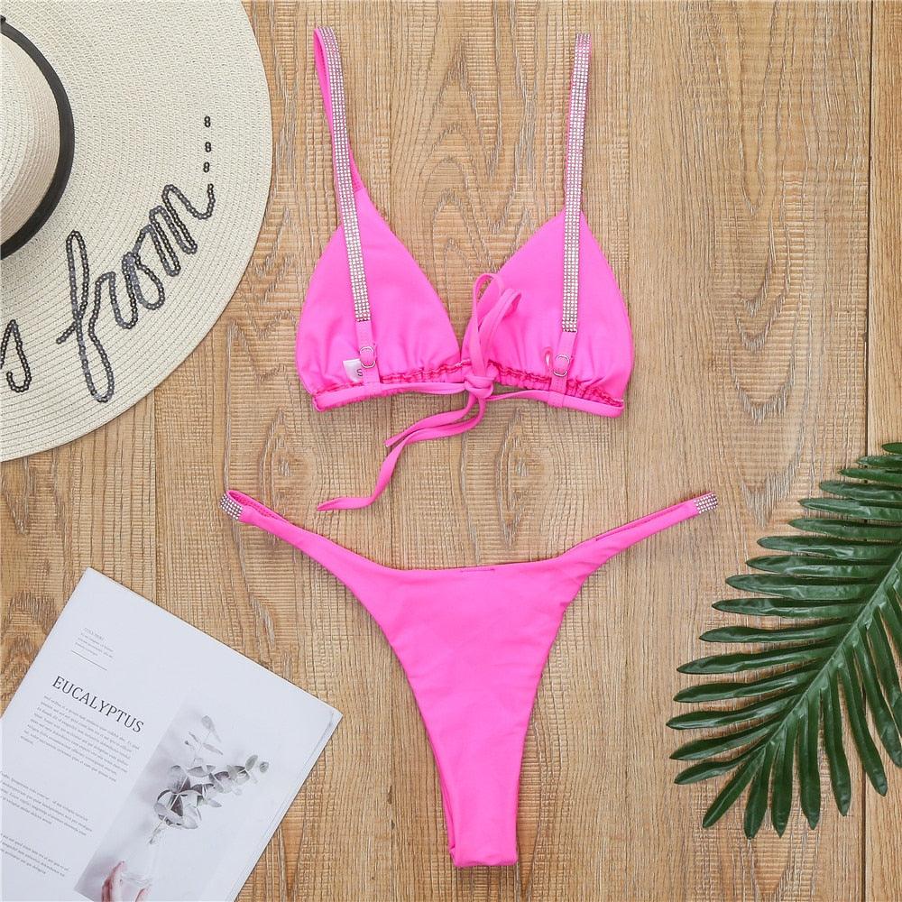"Diamond Shore – Rhinestone Strap Triangle Bikini Set"