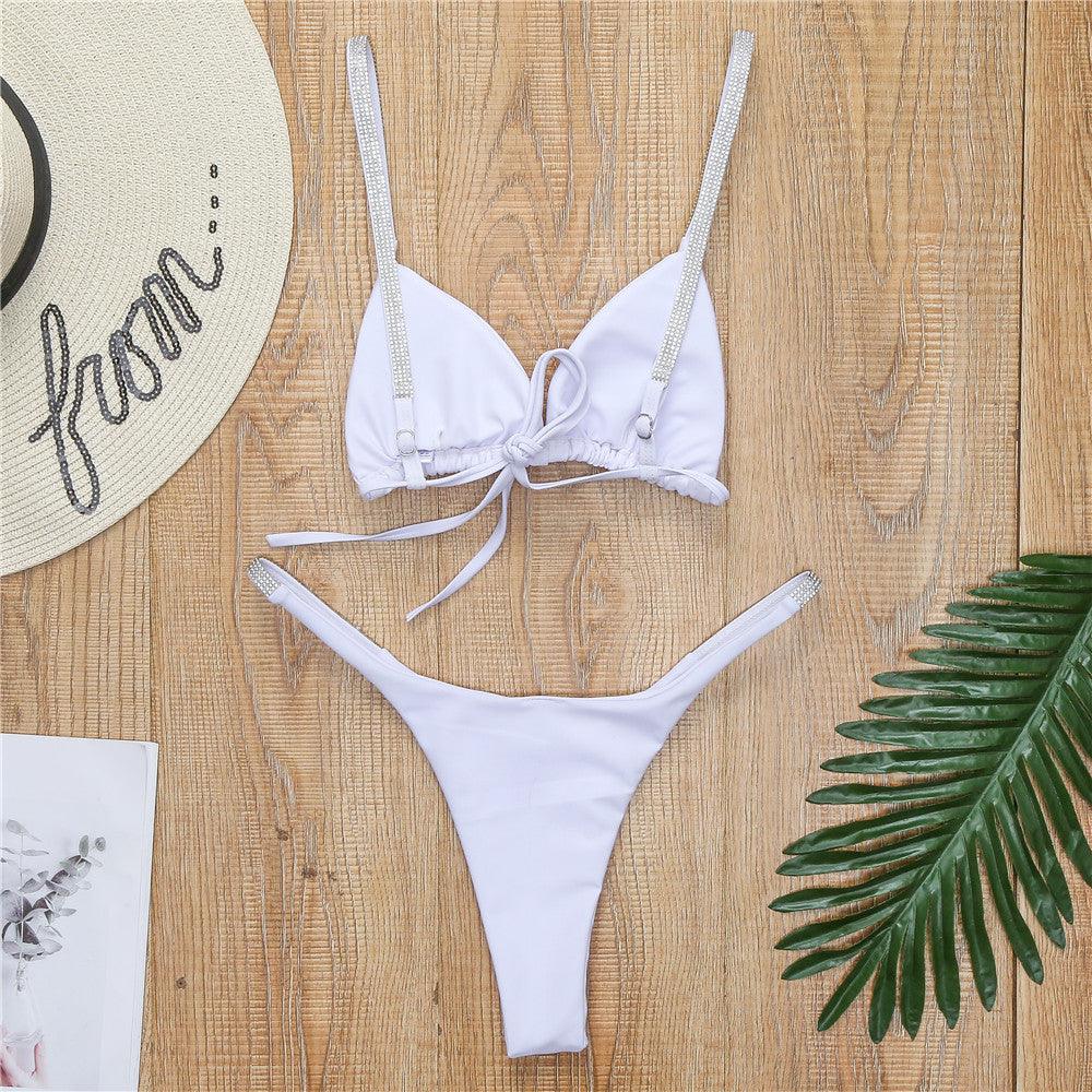 "Diamond Shore – Rhinestone Strap Triangle Bikini Set"