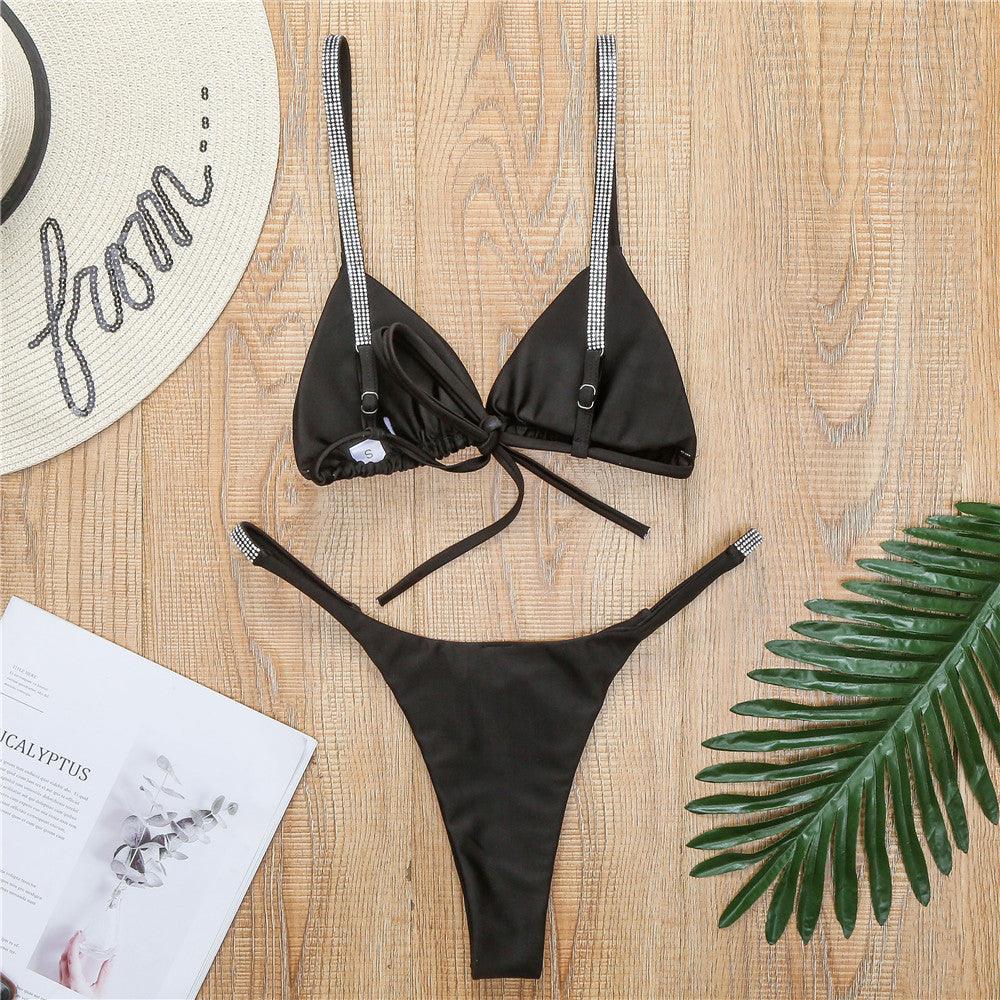 "Diamond Shore – Rhinestone Strap Triangle Bikini Set"