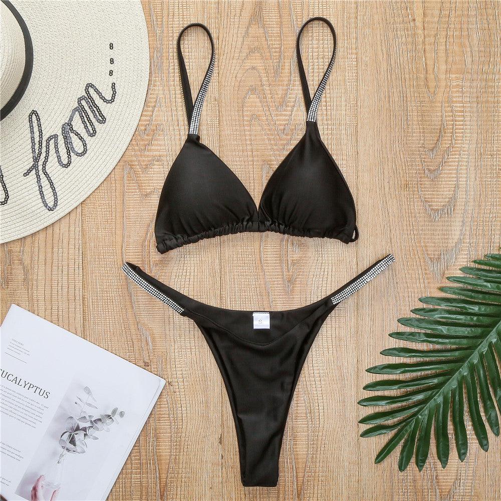 "Diamond Shore – Rhinestone Strap Triangle Bikini Set"