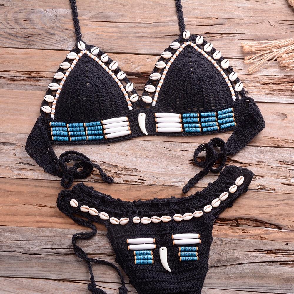 "Sea Witch – Crochet Halter High-Waist Bikini Set"