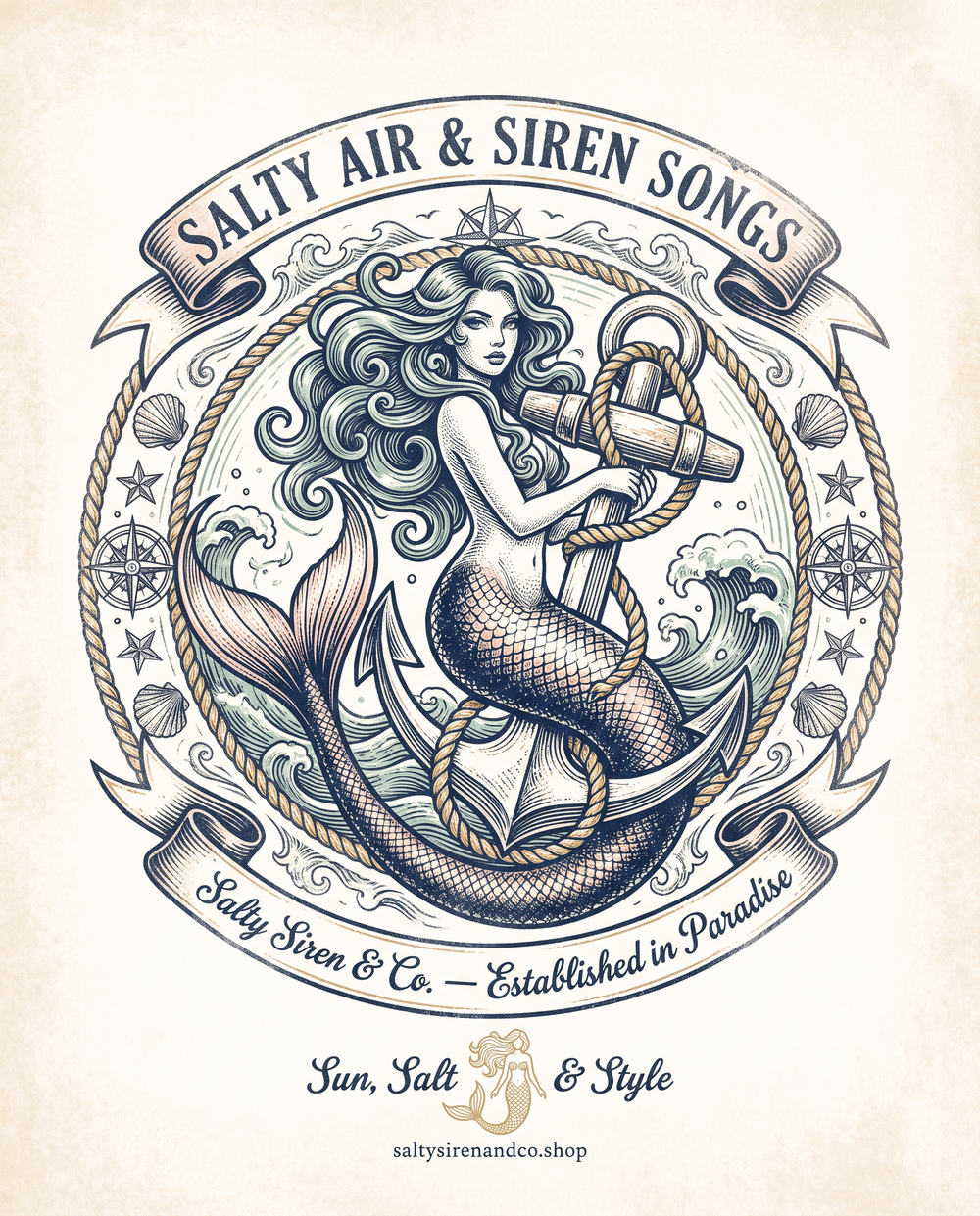 Salty Air & Siren Songs vintage nautical mermaid graphic tee by Salty Siren & Co