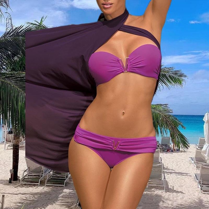 "Sea Foam – Smocked Off-Shoulder Ruffle High-Waist Bikini Set"