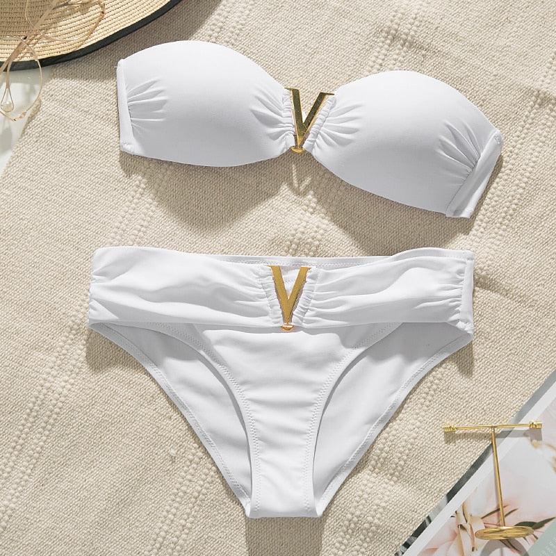 "Sea Foam – Smocked Off-Shoulder Ruffle High-Waist Bikini Set"