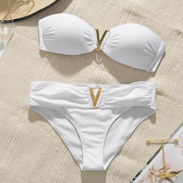 "Sea Foam – Smocked Off-Shoulder Ruffle High-Waist Bikini Set"