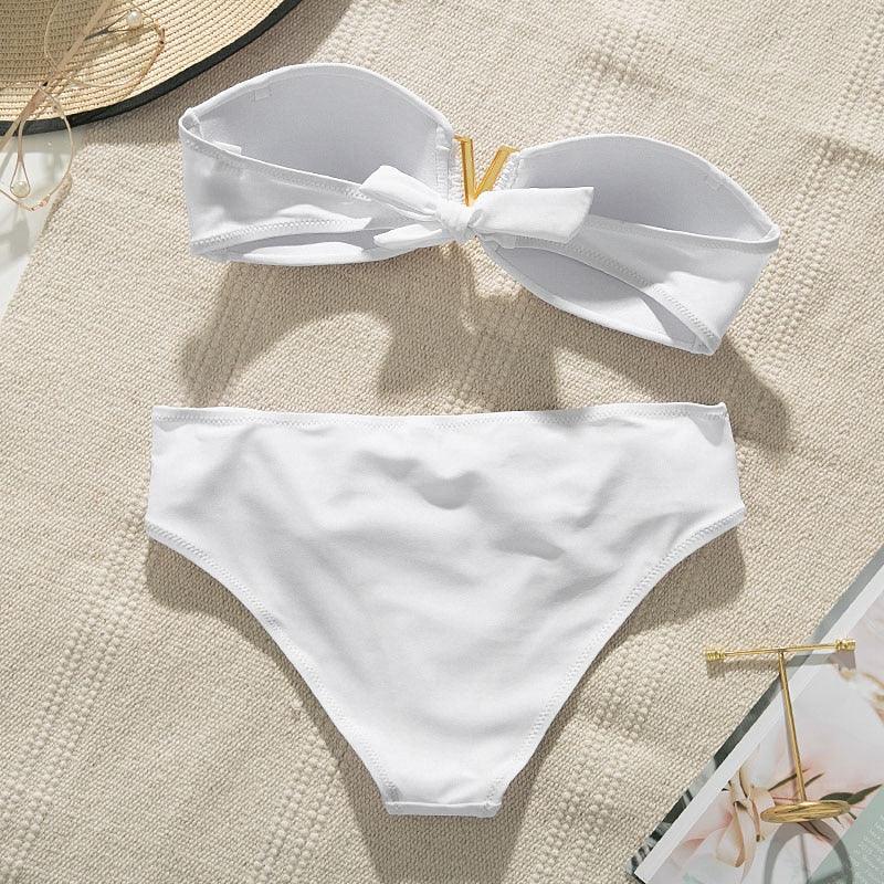 "Sea Foam – Smocked Off-Shoulder Ruffle High-Waist Bikini Set"
