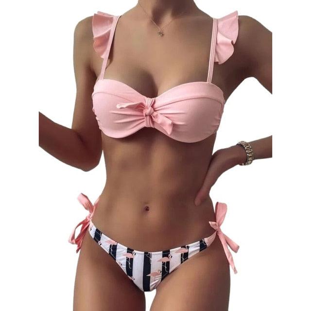 "Flamingo Bay – Ruffle Strap Bow Bikini Set"