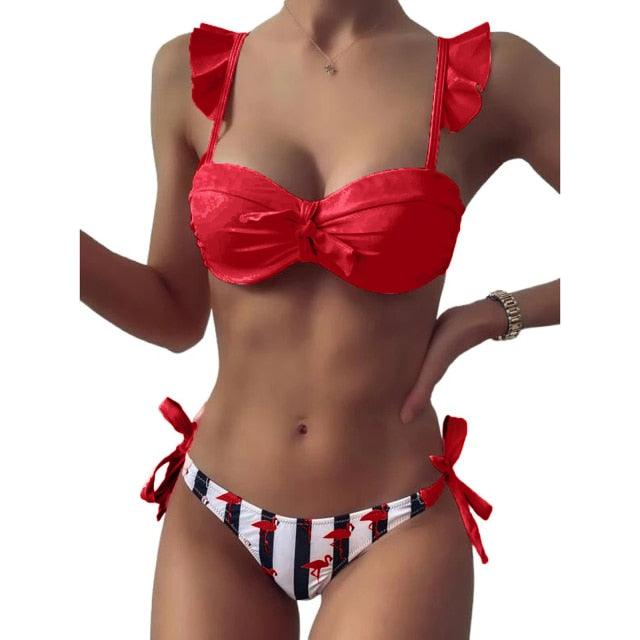 "Flamingo Bay – Ruffle Strap Bow Bikini Set"