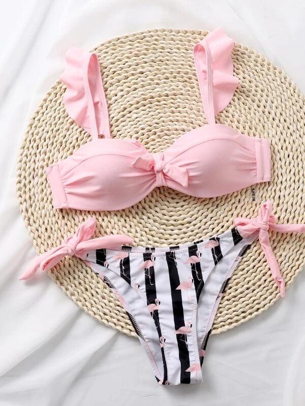 "Flamingo Bay – Ruffle Strap Bow Bikini Set"