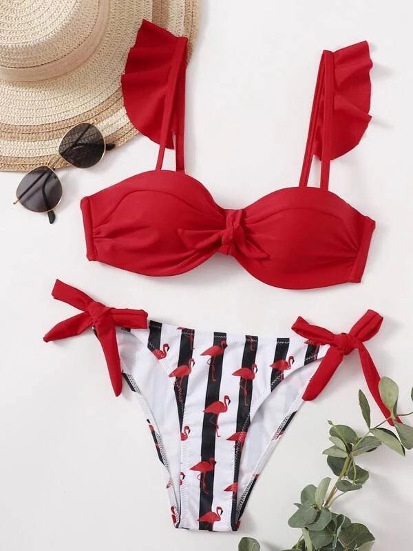 "Flamingo Bay – Ruffle Strap Bow Bikini Set"