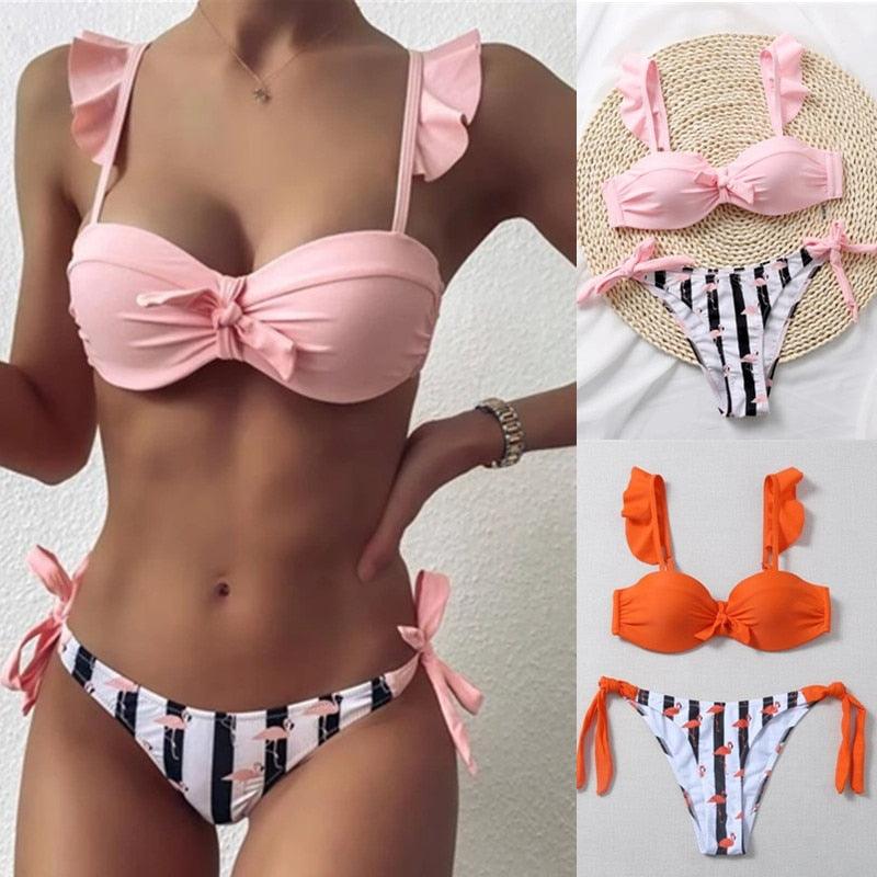 "Flamingo Bay – Ruffle Strap Bow Bikini Set"