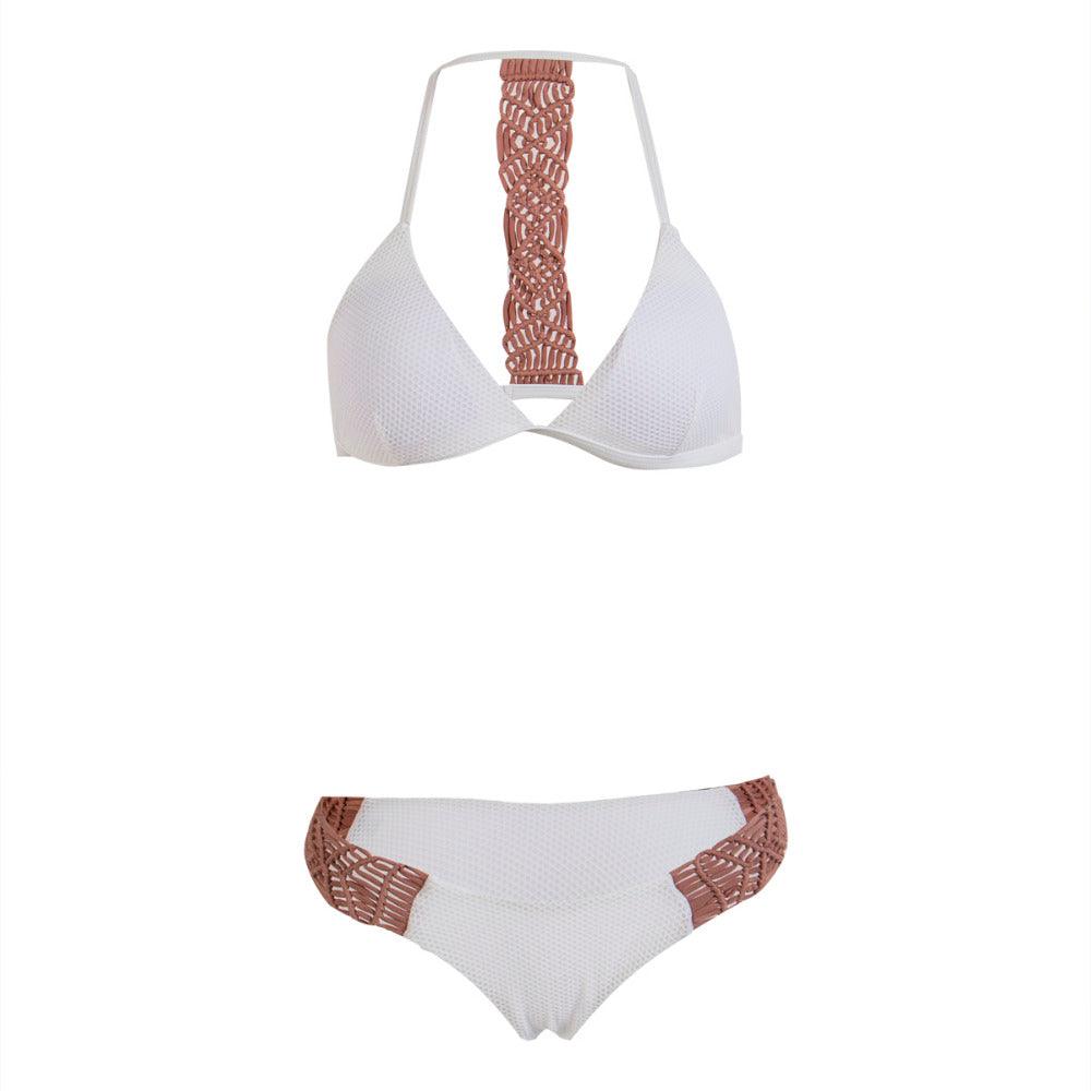 "Macramé Cove – White Macramé Strap Triangle Bikini Set"