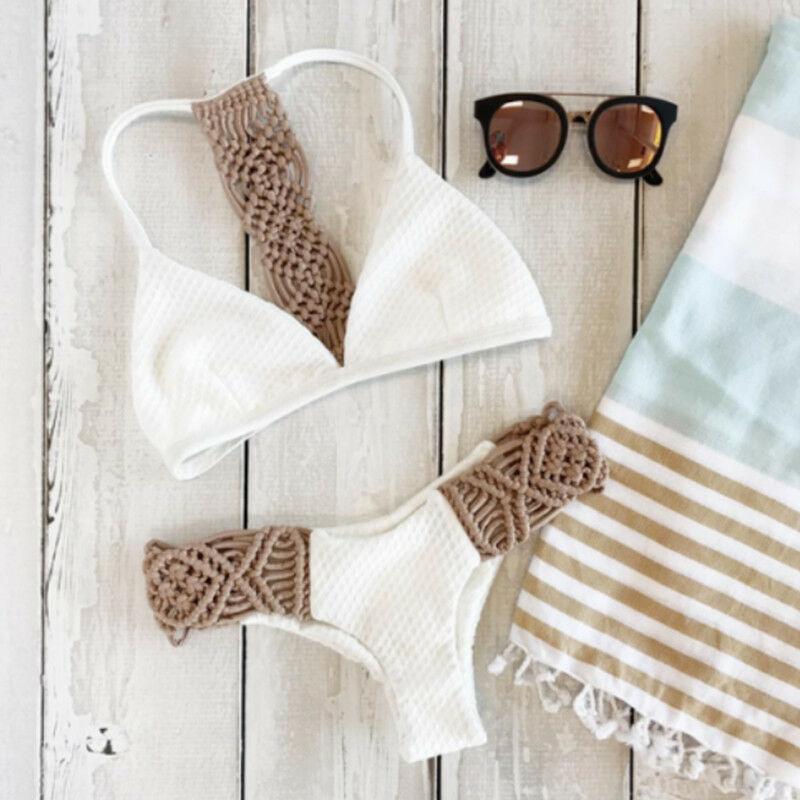 "Macramé Cove – White Macramé Strap Triangle Bikini Set"