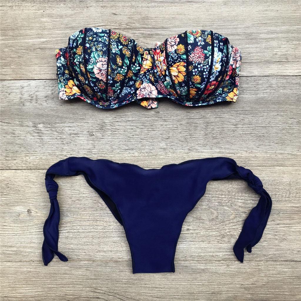 "Dark Bloom – Floral Ruched Bandeau Tie-Side Bikini Set"