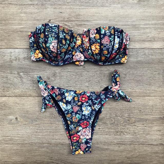 "Dark Bloom – Floral Ruched Bandeau Tie-Side Bikini Set"