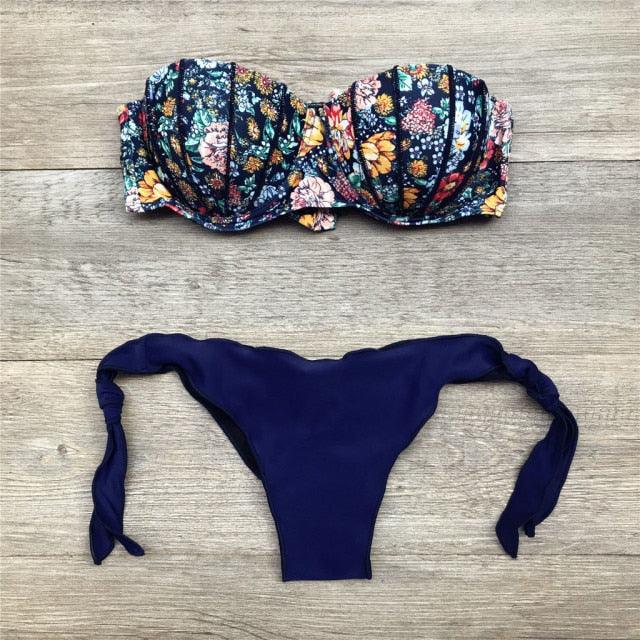 "Dark Bloom – Floral Ruched Bandeau Tie-Side Bikini Set"