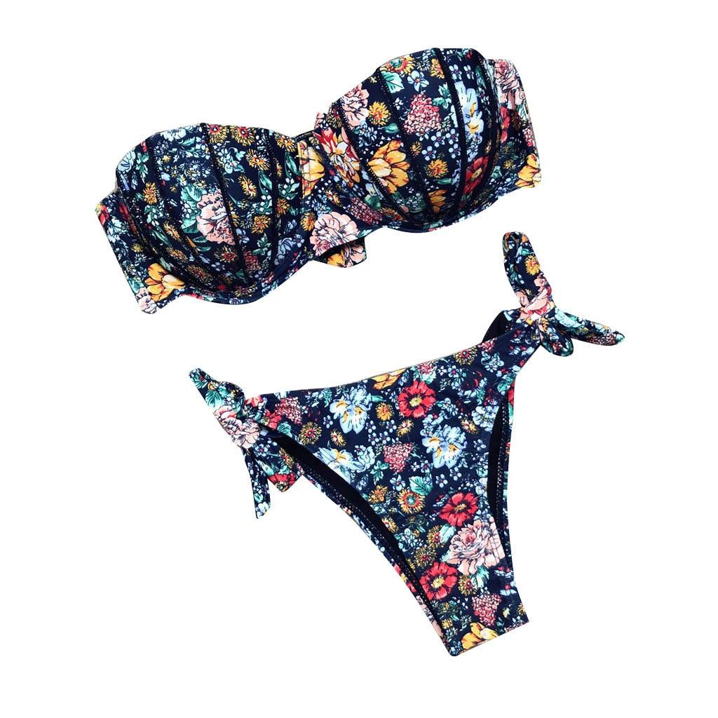 "Dark Bloom – Floral Ruched Bandeau Tie-Side Bikini Set"