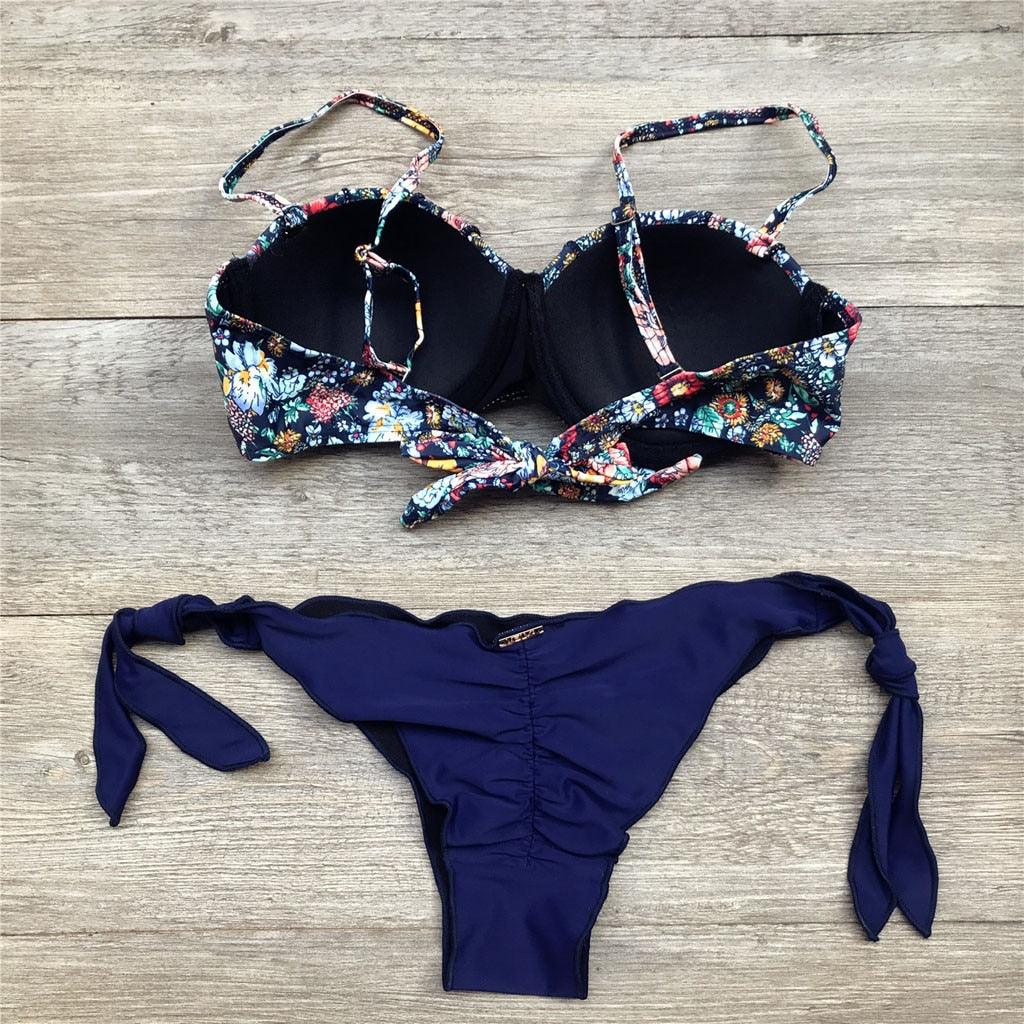 "Dark Bloom – Floral Ruched Bandeau Tie-Side Bikini Set"