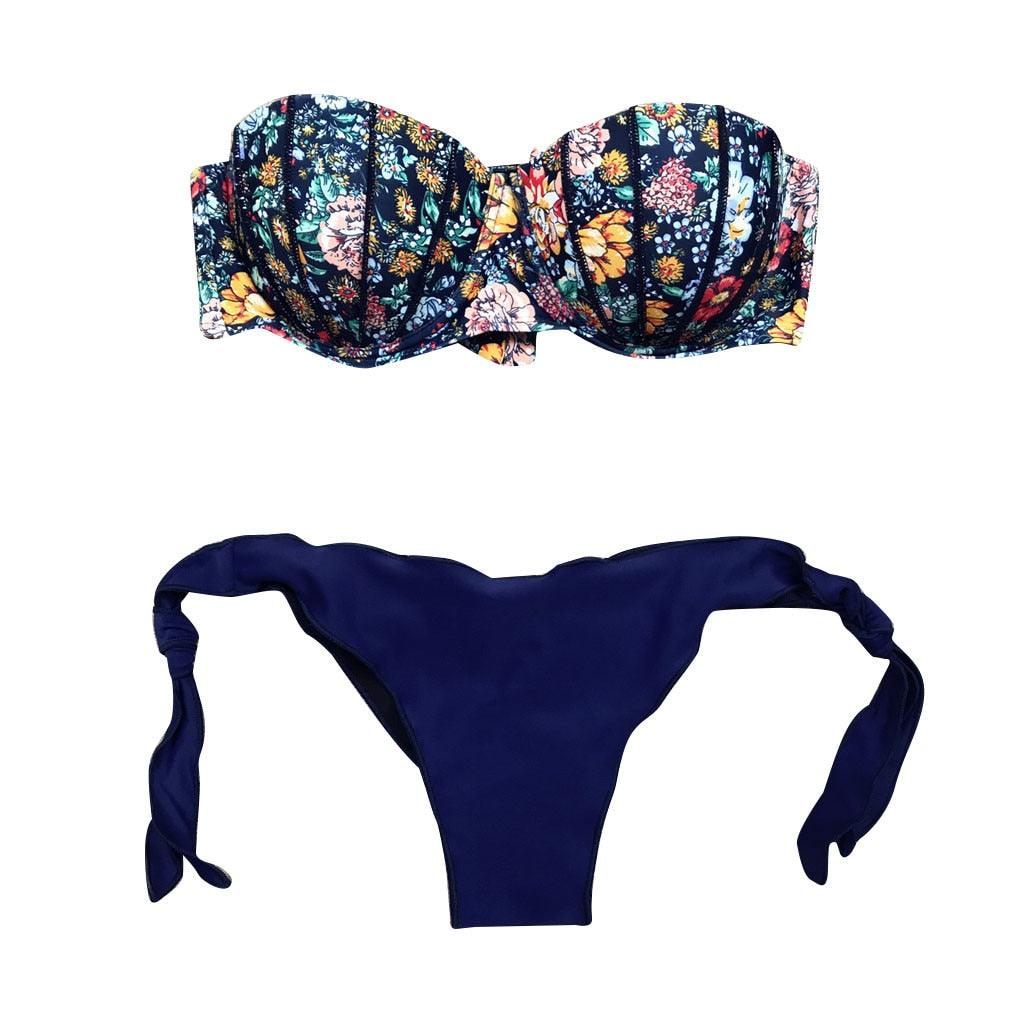 "Dark Bloom – Floral Ruched Bandeau Tie-Side Bikini Set"