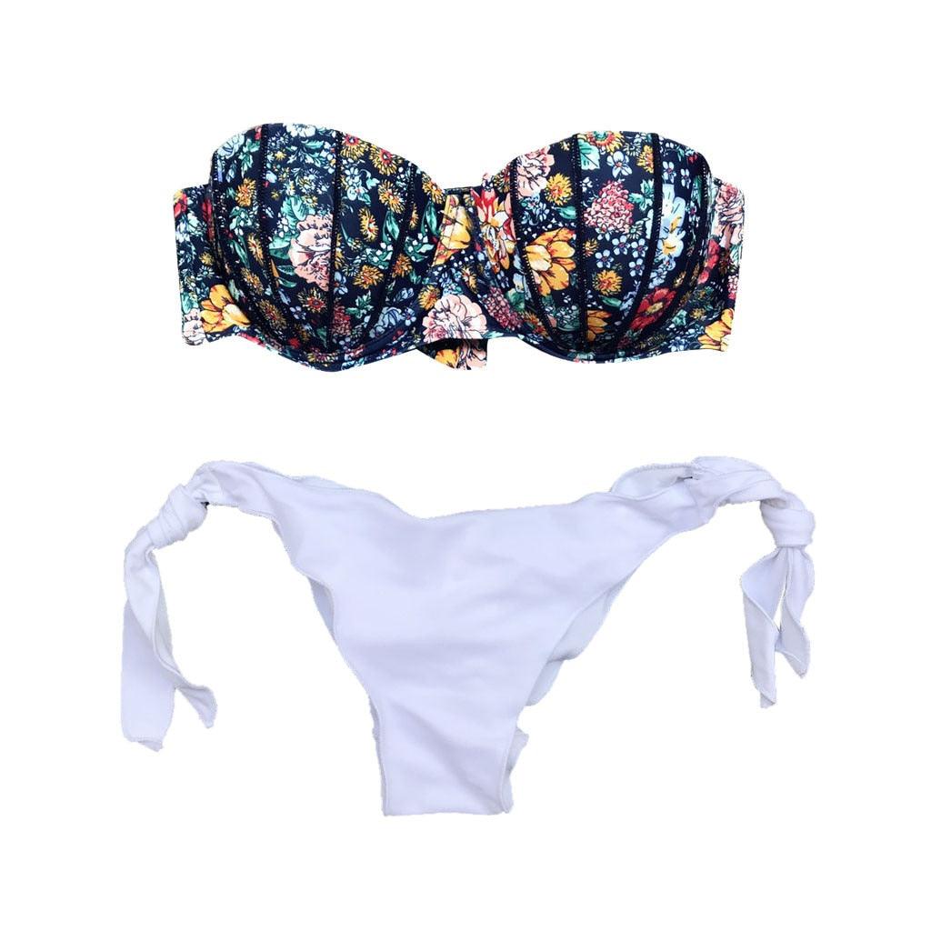"Dark Bloom – Floral Ruched Bandeau Tie-Side Bikini Set"