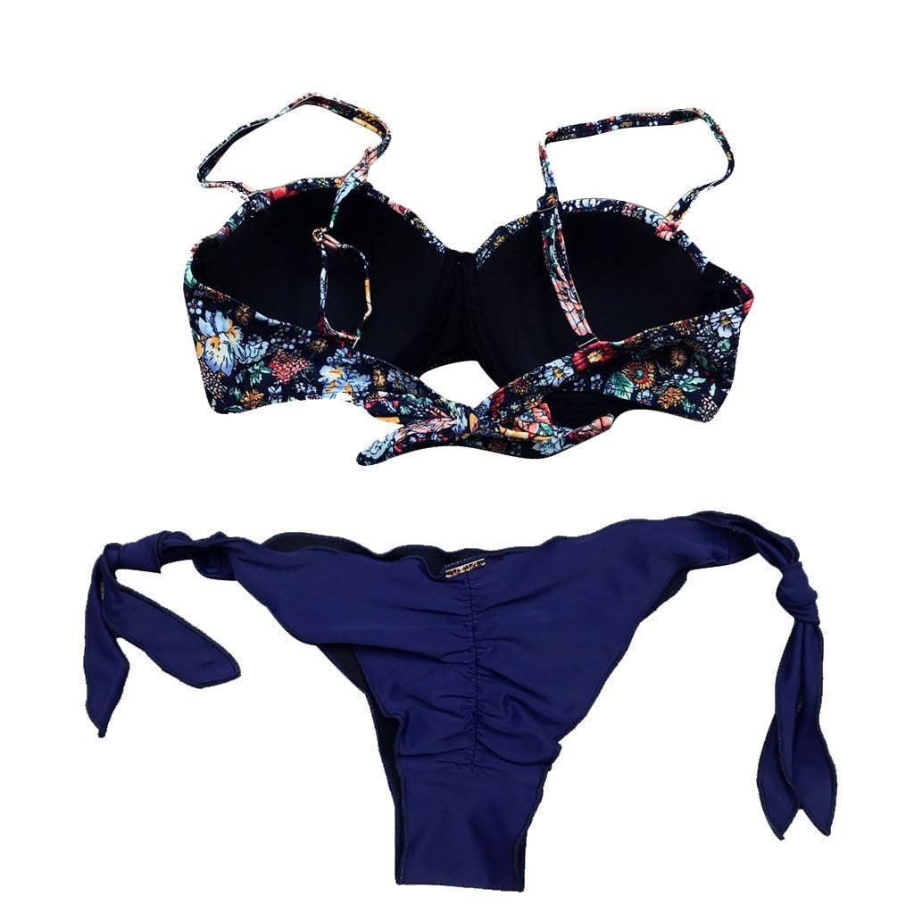 "Dark Bloom – Floral Ruched Bandeau Tie-Side Bikini Set"