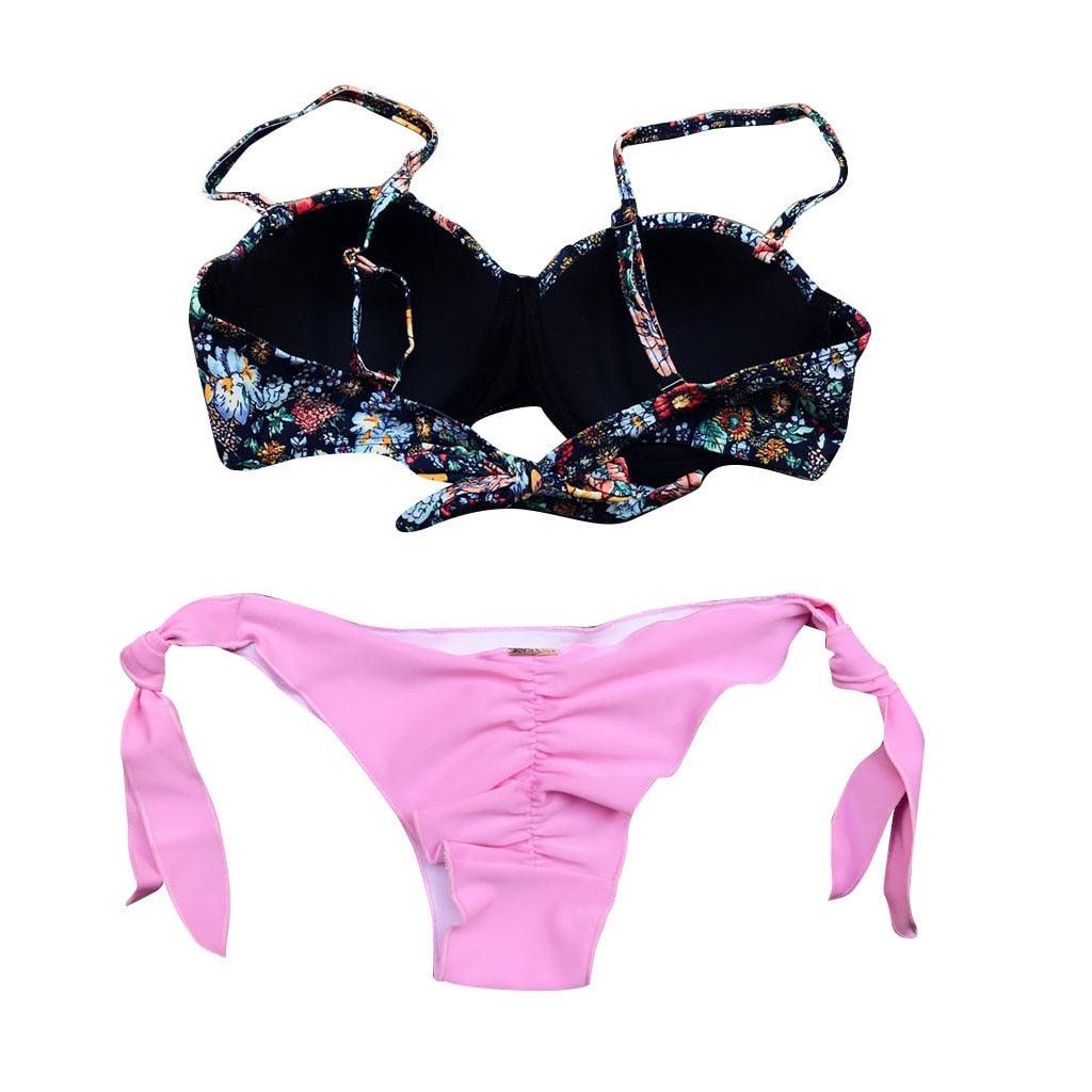 "Dark Bloom – Floral Ruched Bandeau Tie-Side Bikini Set"