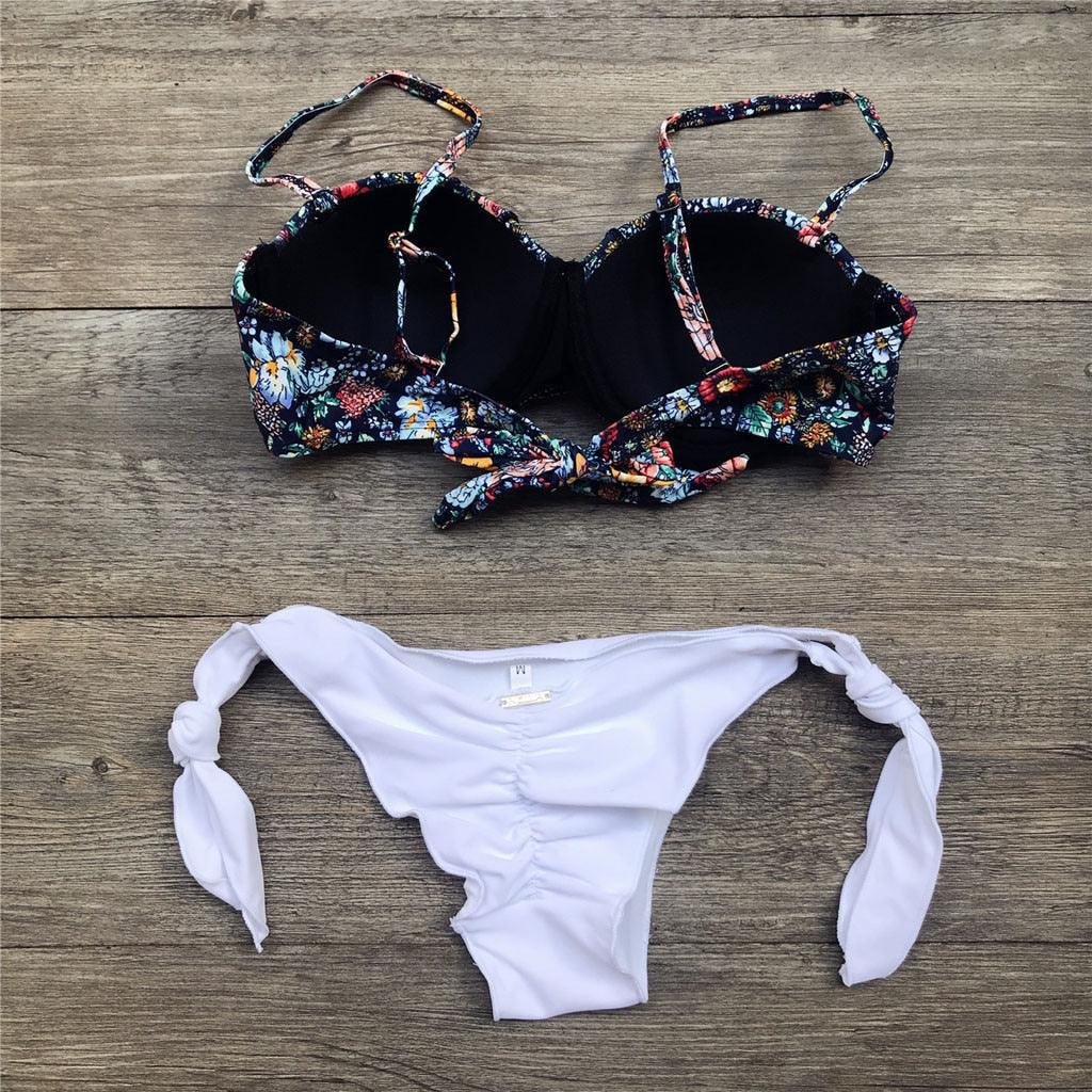"Dark Bloom – Floral Ruched Bandeau Tie-Side Bikini Set"