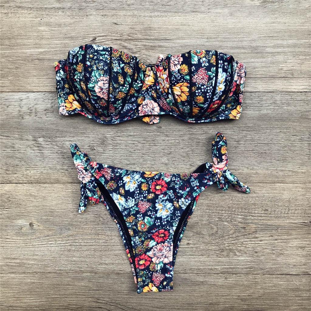 "Dark Bloom – Floral Ruched Bandeau Tie-Side Bikini Set"
